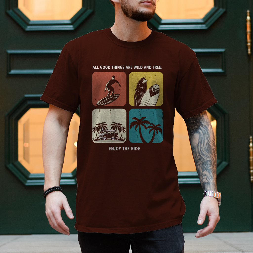 Vanlife T-Shirts:"Van Life und Surfer Shirt – All good things are wild and free"