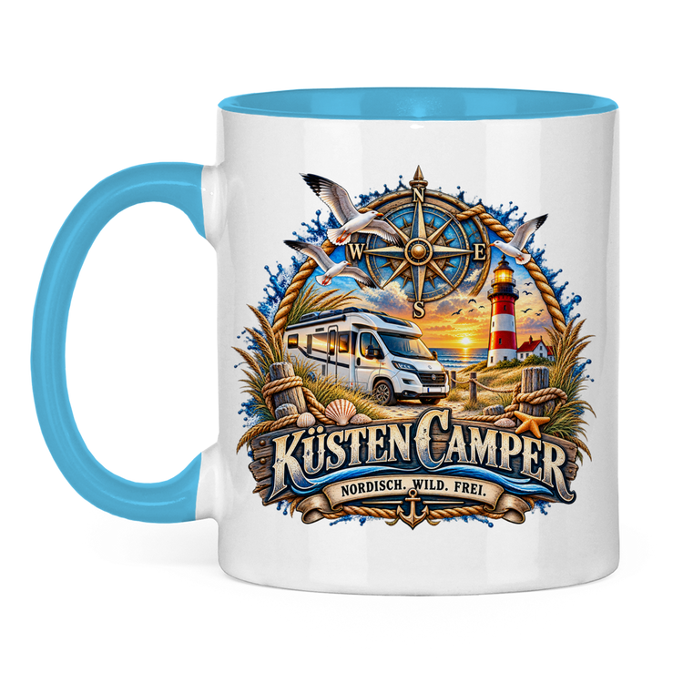 Zweifarbige Campertasse „Küsten Camper – Nordisch. Wild. Frei Varante 2“ – Vorderansicht