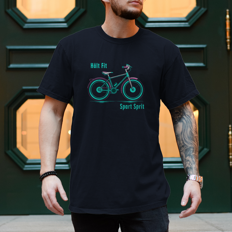 Fahrrad-T-Shirt: "Hält fit spart Sprit" – eine klare Botschaft für Fitness und Umweltschutz.