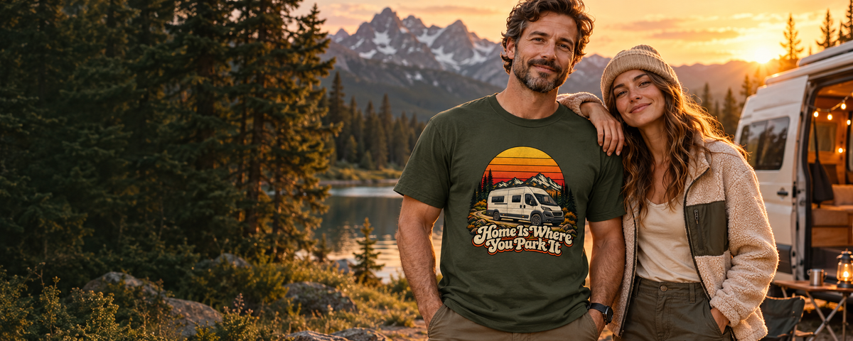 KI-Mockup: Camper-Shirt Home Is Where mit Vanmotiv am Alpensee