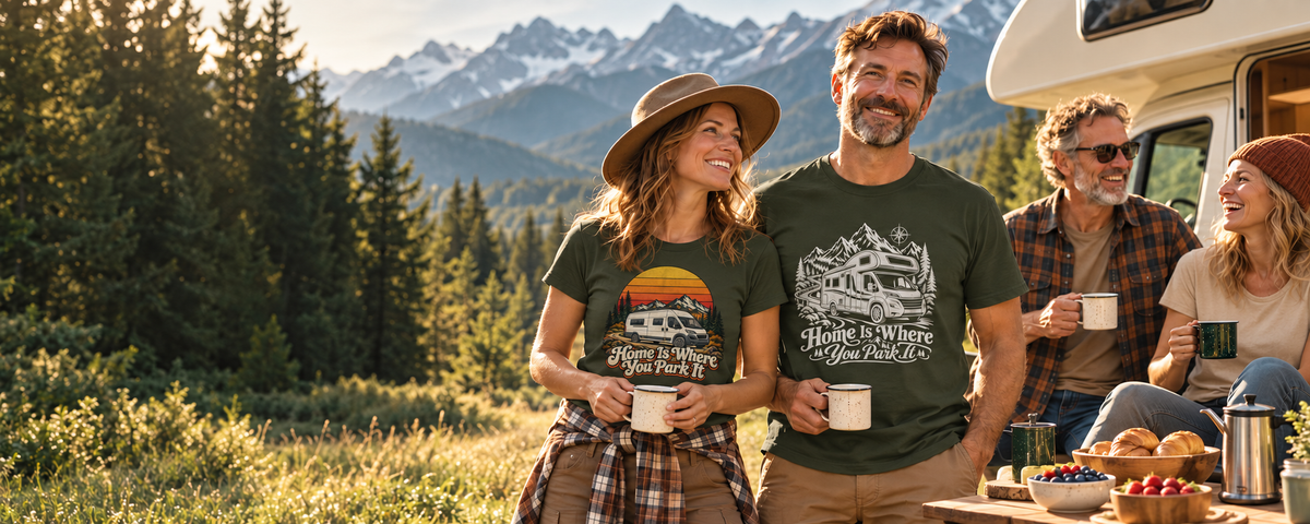 KI-Mockup: Campingfreunde präsentieren unterschiedliche Camper- und Vanlife-Shirt-Motive, Szene 2