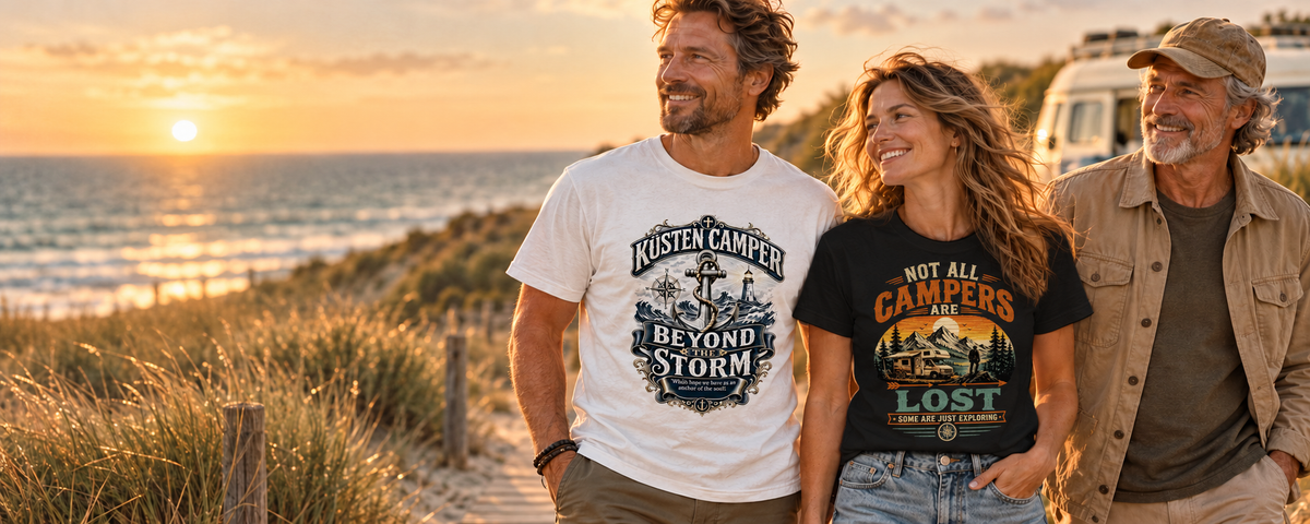 KI-Mockup: Campingfreunde präsentieren unterschiedliche Camper- und Vanlife-Shirt-Motive, Szene 3