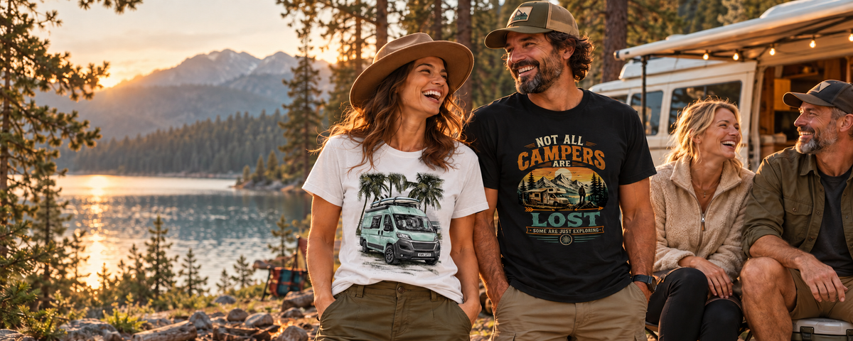 KI-Mockup: Campingfreunde präsentieren unterschiedliche Camper- und Vanlife-Shirt-Motive, Szene 4