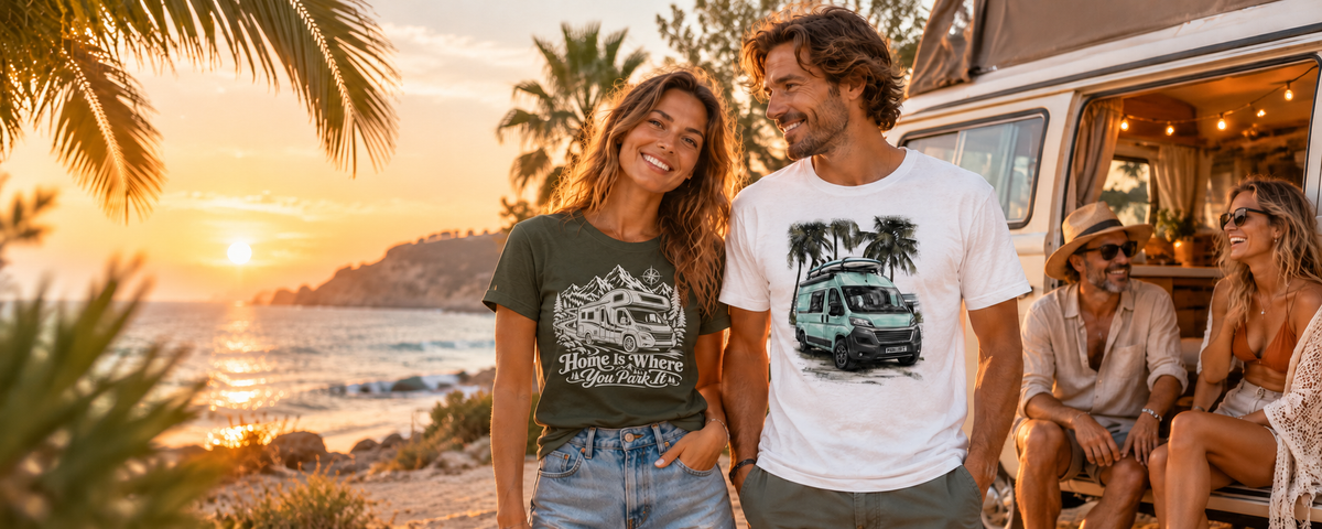 KI-Mockup: Campingfreunde präsentieren unterschiedliche Camper- und Vanlife-Shirt-Motive, Szene 5