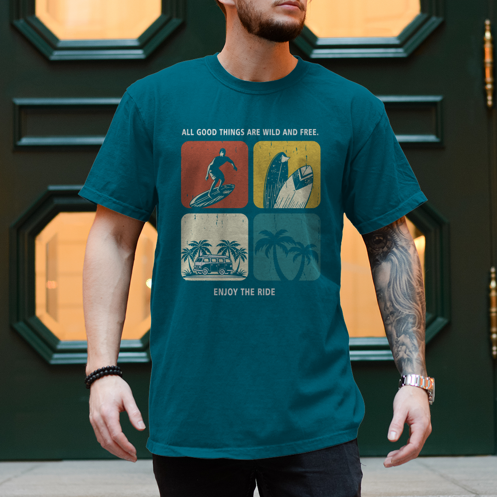Vanlife T-Shirts:"Van Life und Surfer Shirt – All good things are wild and free"