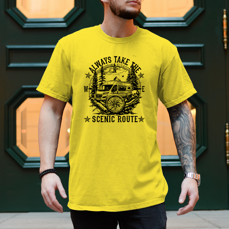 Vanlife T-Shirt „Always Take The Scenic Route – Vorderansicht