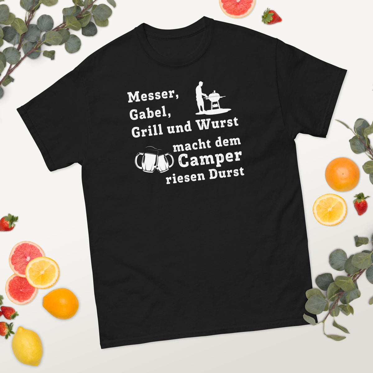 Cooles Herren Spruch Shirt "Messer, Gabel, Grill und Wurst. macht dem Camper riesen Durst"