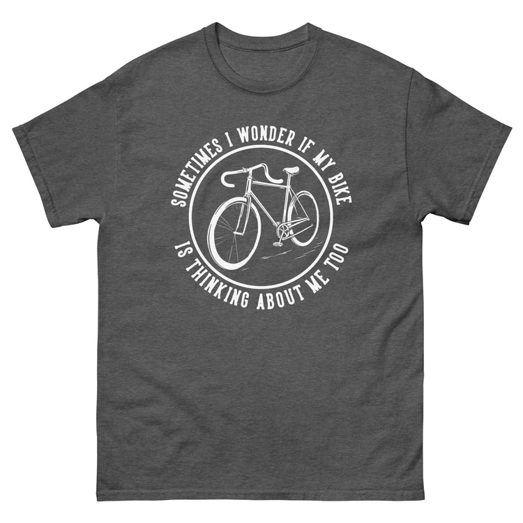 Fahrrad-Shirt "Sometimes I Wonder If My Bike Is Thinking About Me Too" – Variante 9 – Dunkelgrau meliert, Vorderansicht