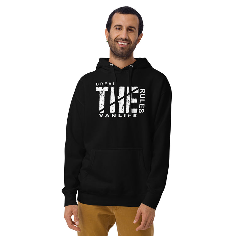 Camper-Hoodie " Break the Rules Vanlife" – Variante 2 – Schwarz, Vorderansicht