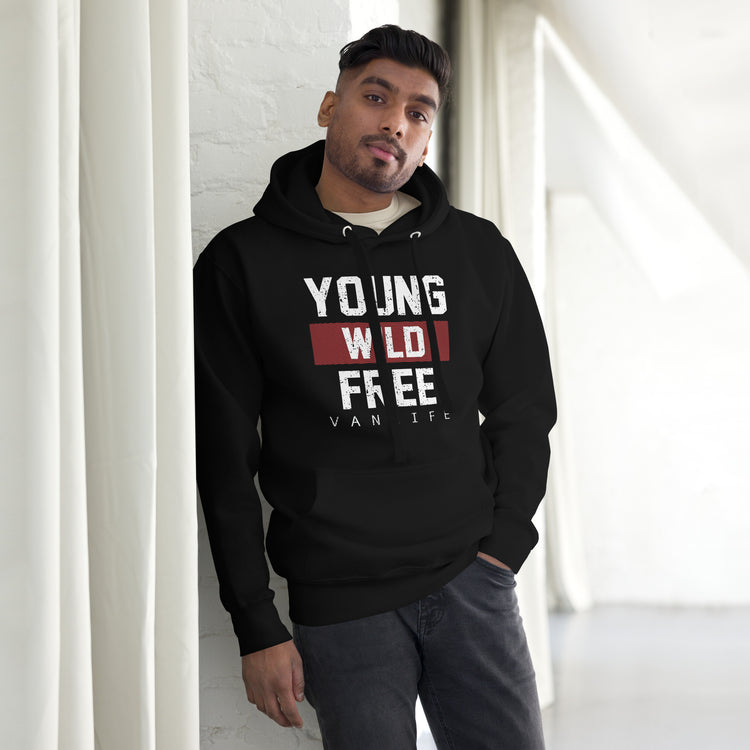 Camper-Hoodie " Young Wild Free Vanlife " – Variante 2 – Schwarz, Vorderansicht