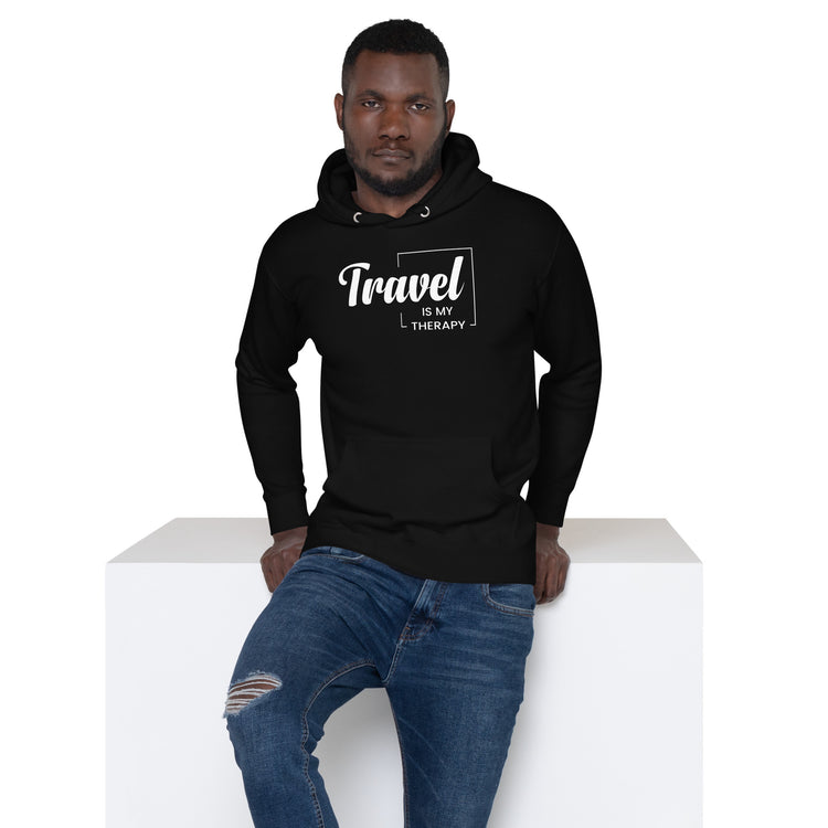 Camper-Hoodie " Travel is my Therapy " – Schwarz, Vorderansicht