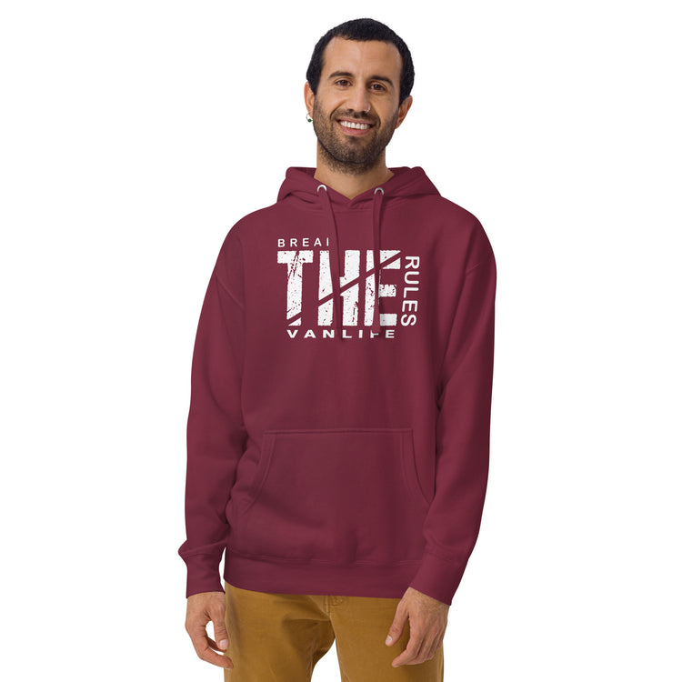 Camper-Hoodie " Break the Rules Vanlife" – Variante 2 – Bordeauxrot, Vorderansicht