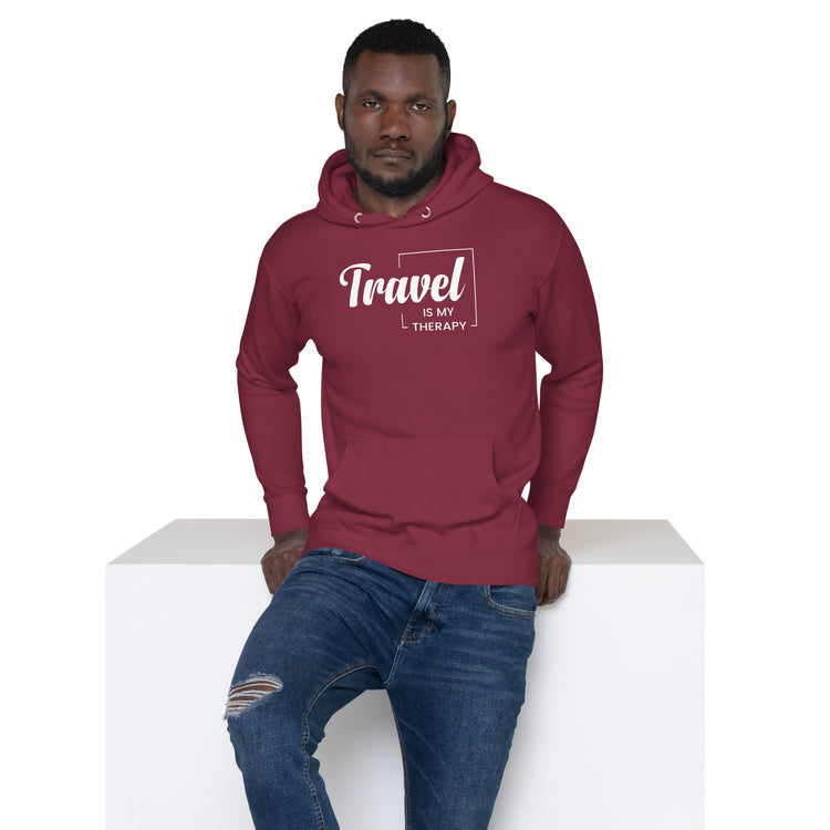 Camper-Hoodie " Travel is my Therapy " – Bordeauxrot, Vorderansicht