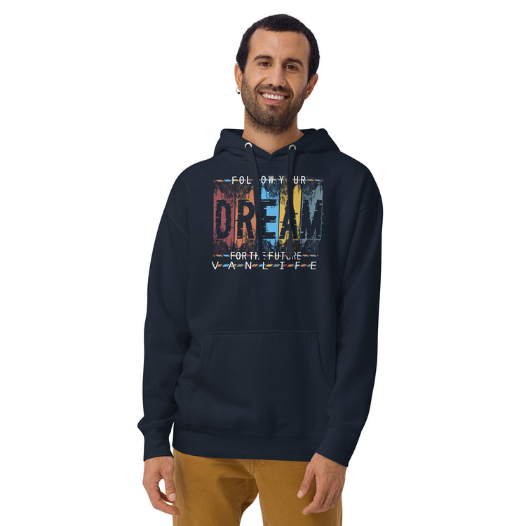 Camper-Hoodie " Follow your Dream Vanlife " – Variante 2 – Dunkelblau, Vorderansicht